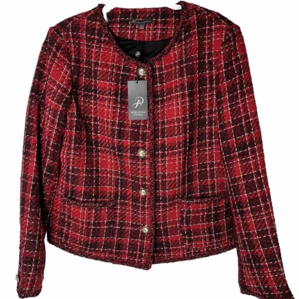 NWT ADRIANNA PAPELL Red/Black Crew Neck Lined‎ Tweed Jacket AD1S301855 Size M